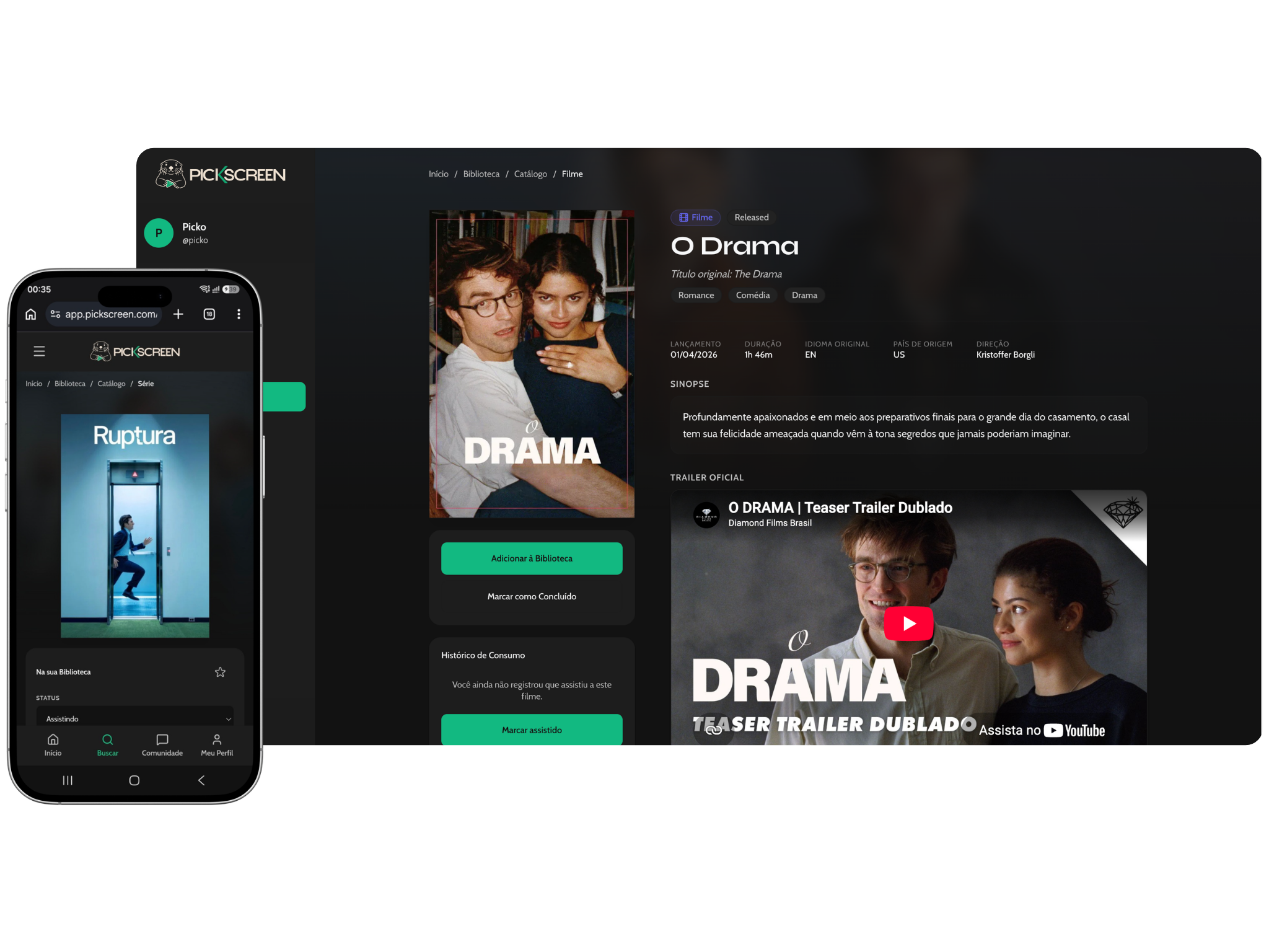 Página de detalhes de filmes e séries no PickScreen.